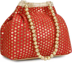 Indian Ethnic Designer Embroidered Silk Potli Bag Batwa Pearls Handle Purse (Red)