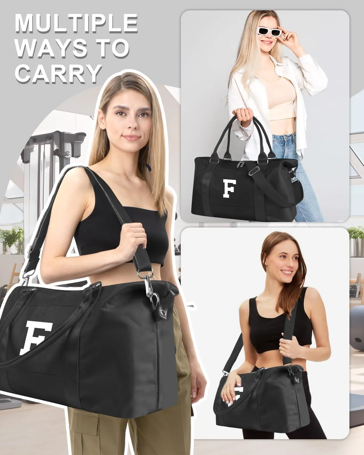 Initial Travel Duffel Bag Sports Gym Bag for Boys Teen Birthday Gifts,Black Personalized Weekender Bag Carry On Tote Bags for Men,Waterproof Overnight Luggage Bag Airplane Travel Essentials(Letter F)