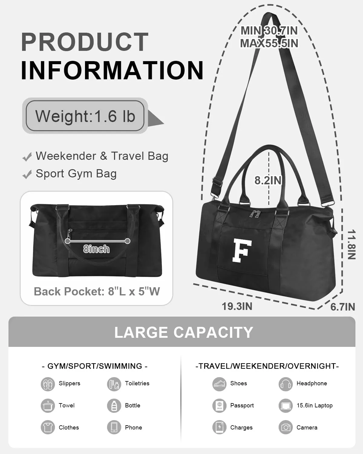 Initial Travel Duffel Bag Sports Gym Bag for Boys Teen Birthday Gifts,Black Personalized Weekender Bag Carry On Tote Bags for Men,Waterproof Overnight Luggage Bag Airplane Travel Essentials(Letter F)