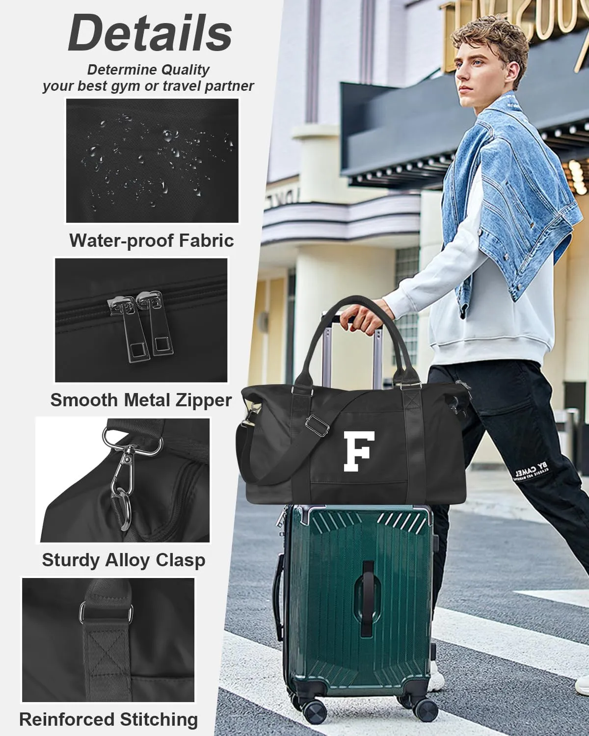 Initial Travel Duffel Bag Sports Gym Bag for Boys Teen Birthday Gifts,Black Personalized Weekender Bag Carry On Tote Bags for Men,Waterproof Overnight Luggage Bag Airplane Travel Essentials(Letter F)