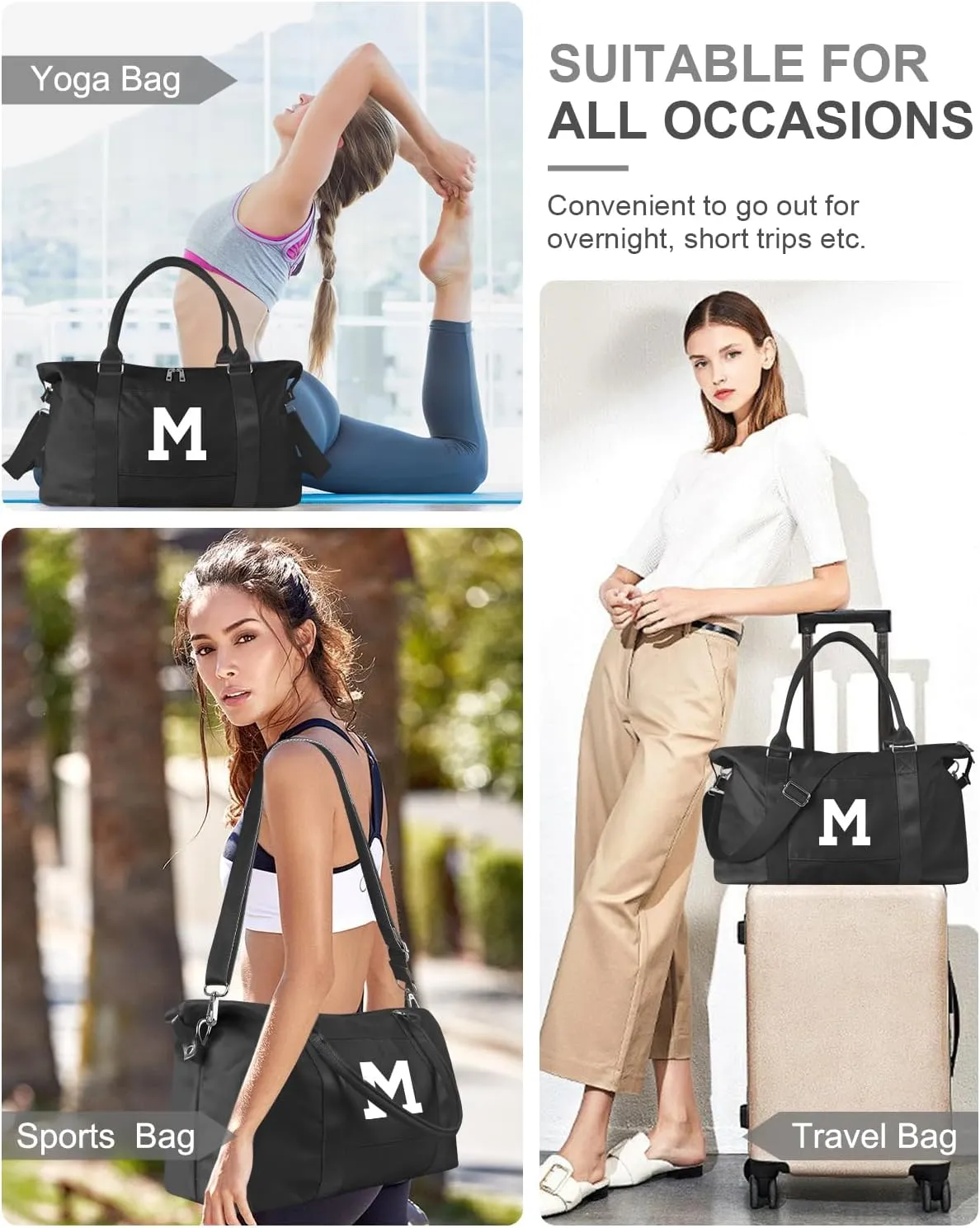 Initial Travel Duffel Bag Sports Gym Bag for Boys Teen Birthday Gifts,Black Personalized Weekender Bag Carry On Tote Bags for Men,Waterproof Overnight Luggage Bag Airplane Travel Essentials(Letter M)
