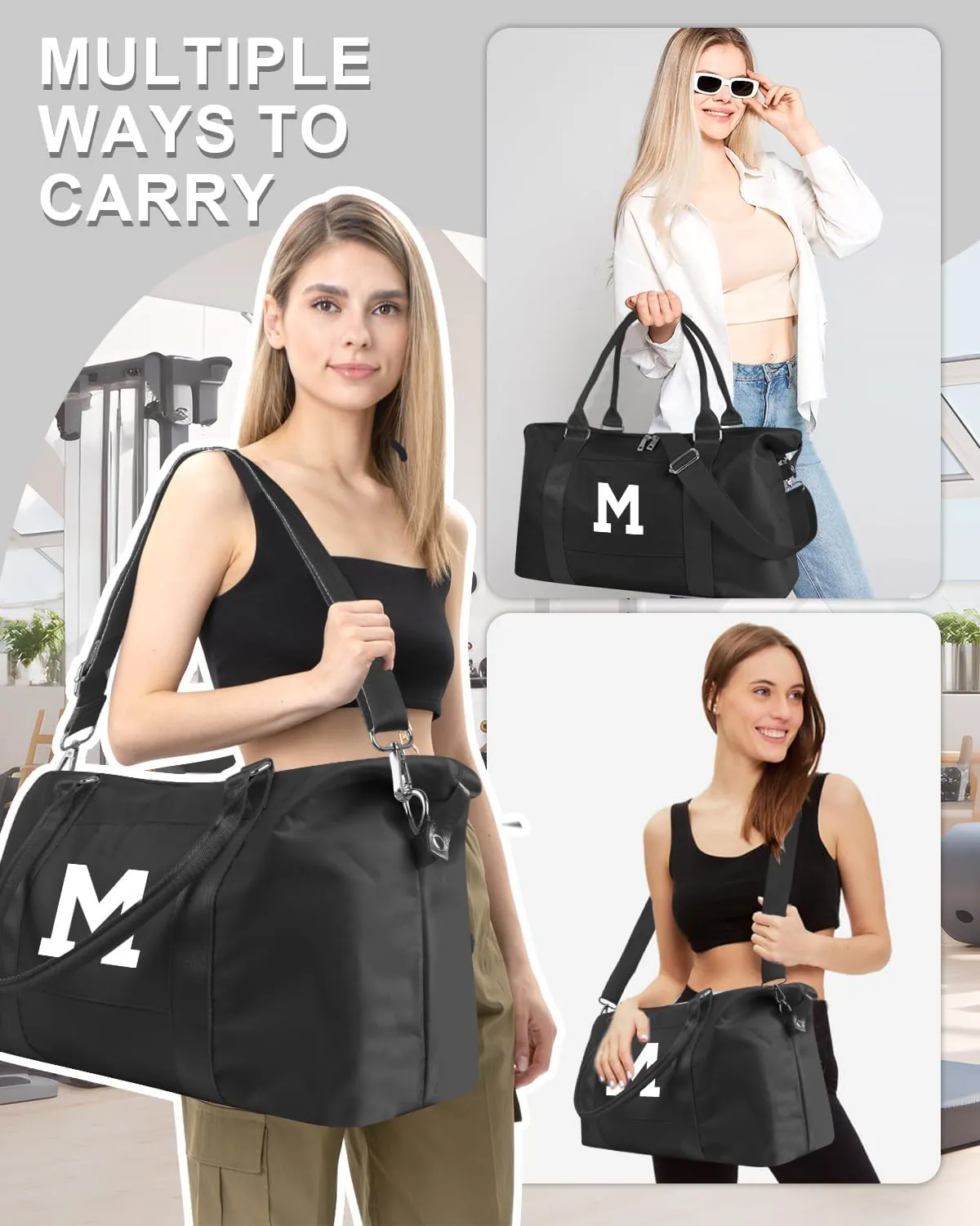 Initial Travel Duffel Bag Sports Gym Bag for Boys Teen Birthday Gifts,Black Personalized Weekender Bag Carry On Tote Bags for Men,Waterproof Overnight Luggage Bag Airplane Travel Essentials(Letter M)