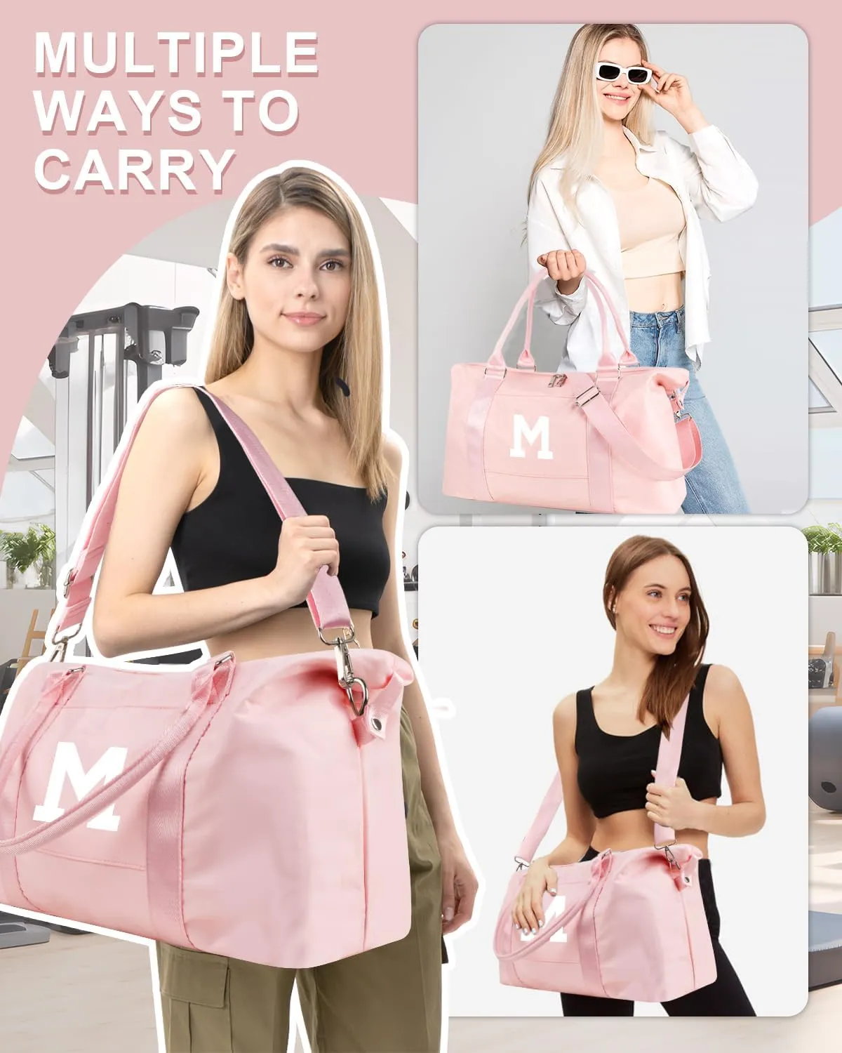 Initial Travel Duffel Bag Sports Gym Bag for Girls Teen Birthday Gifts,Pink Personalized Weekender Bag Carry On Tote Bags for Women Men,Waterproof Overnight Luggage Bag with Trolley Sleeve(Letter M)