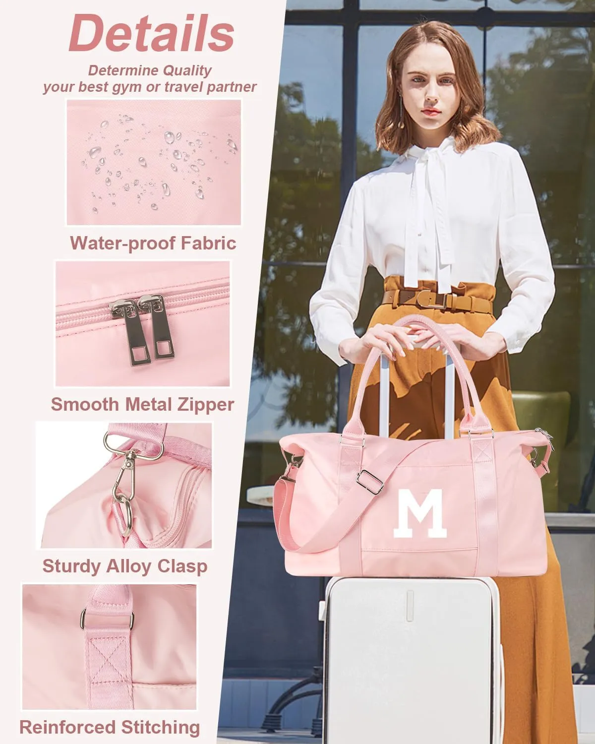 Initial Travel Duffel Bag Sports Gym Bag for Girls Teen Birthday Gifts,Pink Personalized Weekender Bag Carry On Tote Bags for Women Men,Waterproof Overnight Luggage Bag with Trolley Sleeve(Letter M)