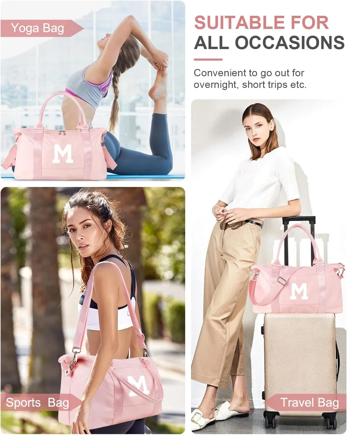 Initial Travel Duffel Bag Sports Gym Bag for Girls Teen Birthday Gifts,Pink Personalized Weekender Bag Carry On Tote Bags for Women Men,Waterproof Overnight Luggage Bag with Trolley Sleeve(Letter M)