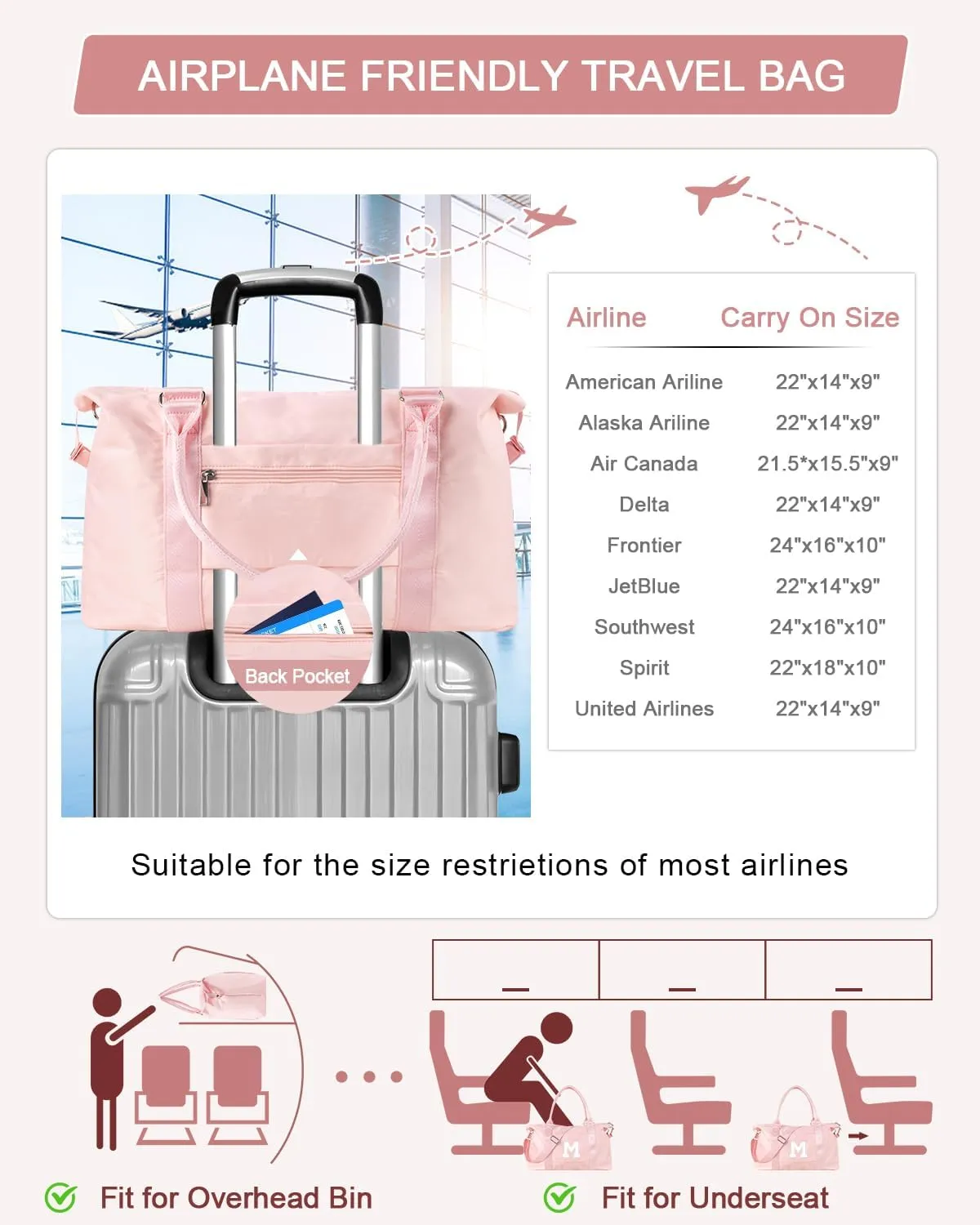 Initial Travel Duffel Bag Sports Gym Bag for Girls Teen Birthday Gifts,Pink Personalized Weekender Bag Carry On Tote Bags for Women Men,Waterproof Overnight Luggage Bag with Trolley Sleeve(Letter M)