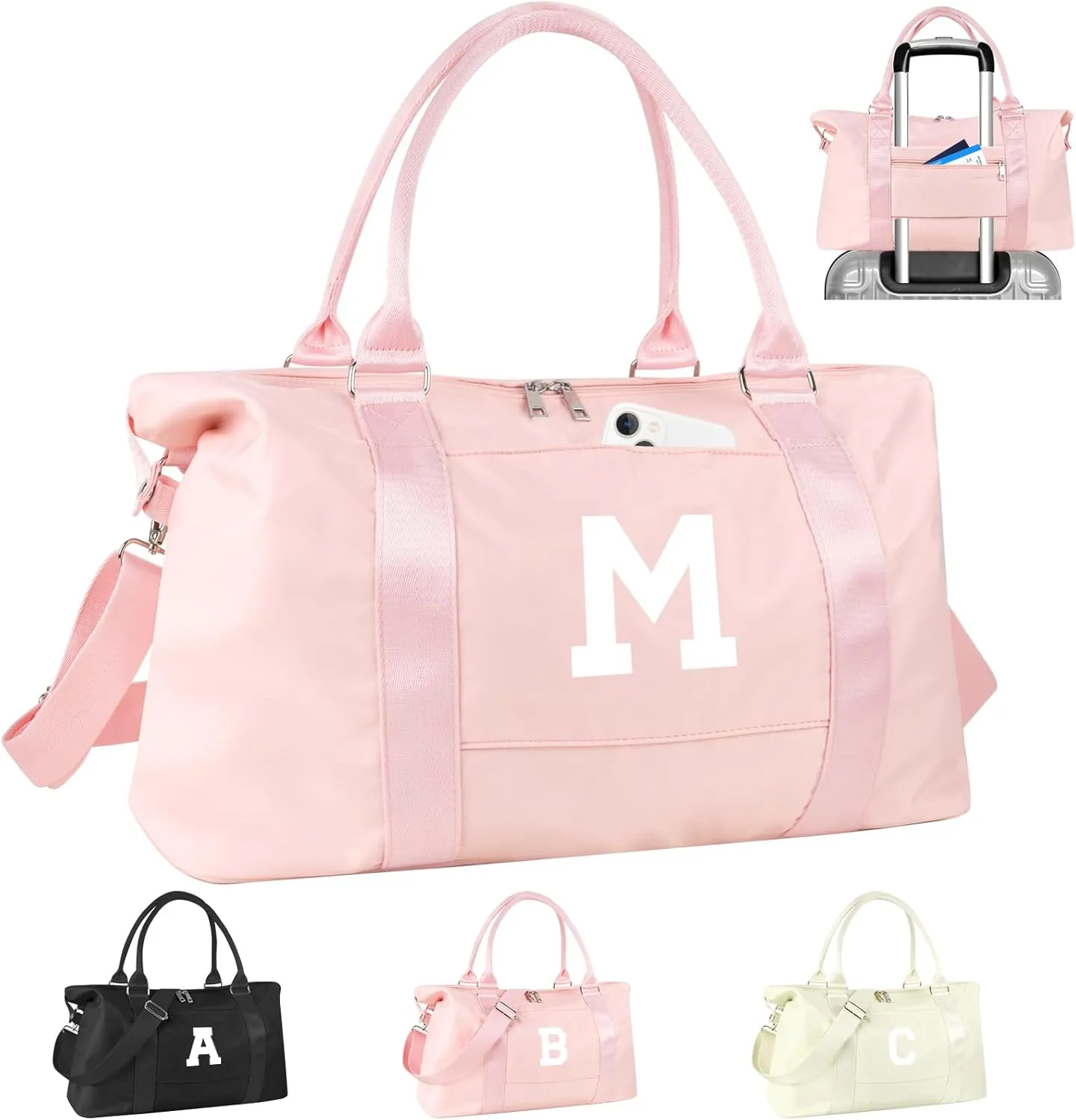 Initial Travel Duffel Bag Sports Gym Bag for Girls Teen Birthday Gifts,Pink Personalized Weekender Bag Carry On Tote Bags for Women Men,Waterproof Overnight Luggage Bag with Trolley Sleeve(Letter M)