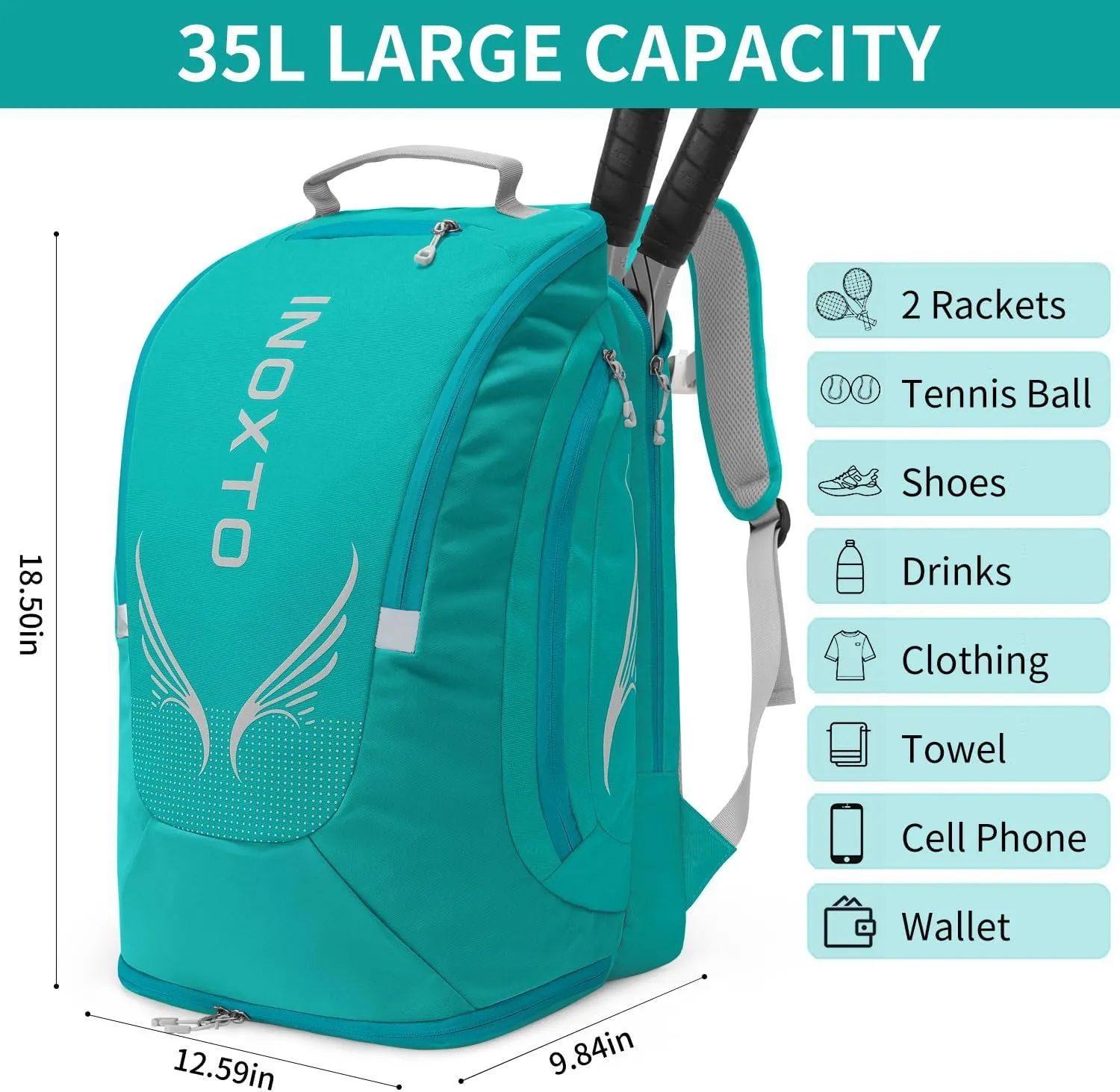 INOXTO 40L Tennis Backpack for Men & Women, Large Pickleball Bag With Independent Shoe Storage, Waterproof & Breathable, Holds 2 Tennis Rackets for Badminton, Travel & Camping