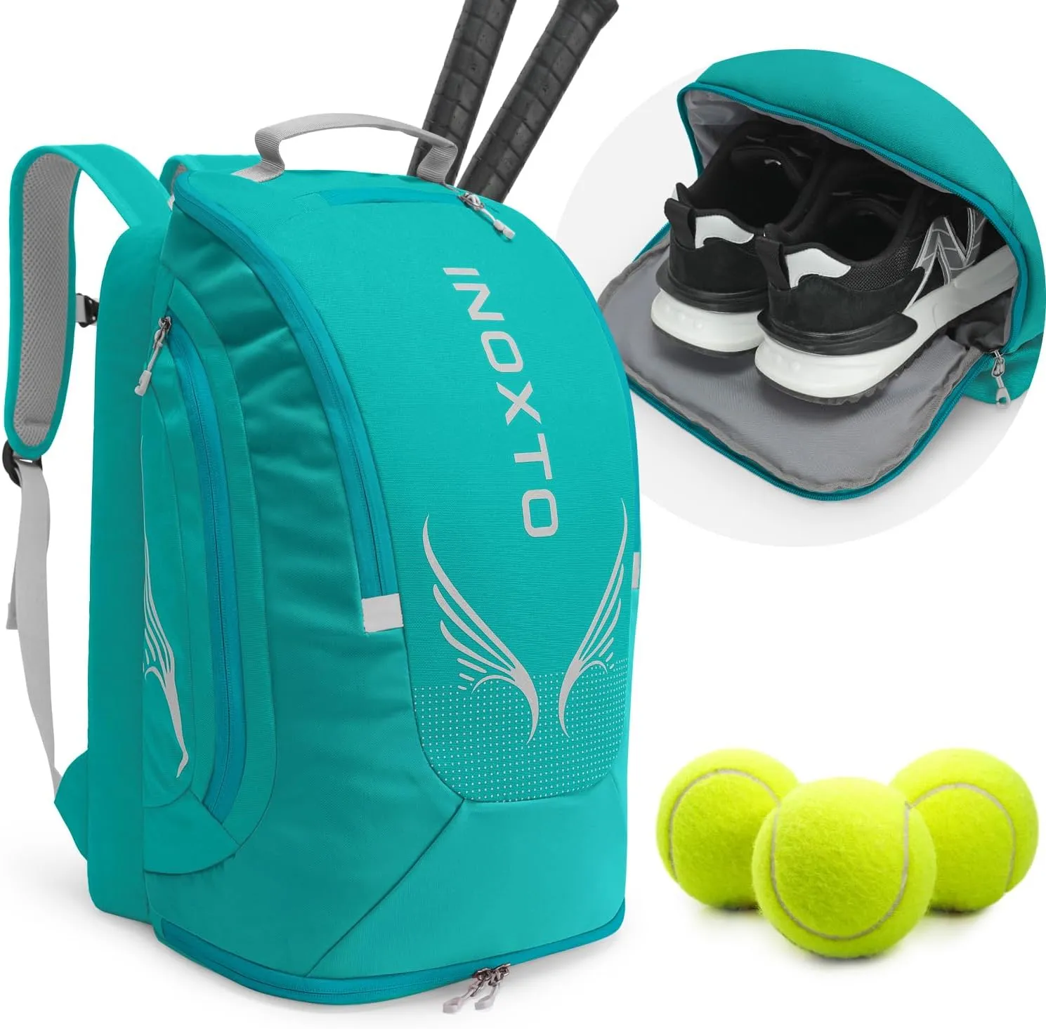 INOXTO 40L Tennis Backpack for Men & Women, Large Pickleball Bag With Independent Shoe Storage, Waterproof & Breathable, Holds 2 Tennis Rackets for Badminton, Travel & Camping