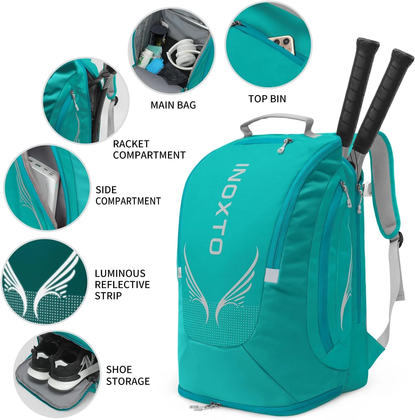 INOXTO 40L Tennis Backpack for Men & Women, Large Pickleball Bag With Independent Shoe Storage, Waterproof & Breathable, Holds 2 Tennis Rackets for Badminton, Travel & Camping