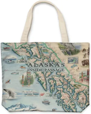Inside Passage (Alaska) Map Canvas Tote Bag with Handles, Cloth Grocery Shopping Bag, Reusable & Eco-friendly Bag, 100% Cotton, Washable, 18 wide x 15 tall