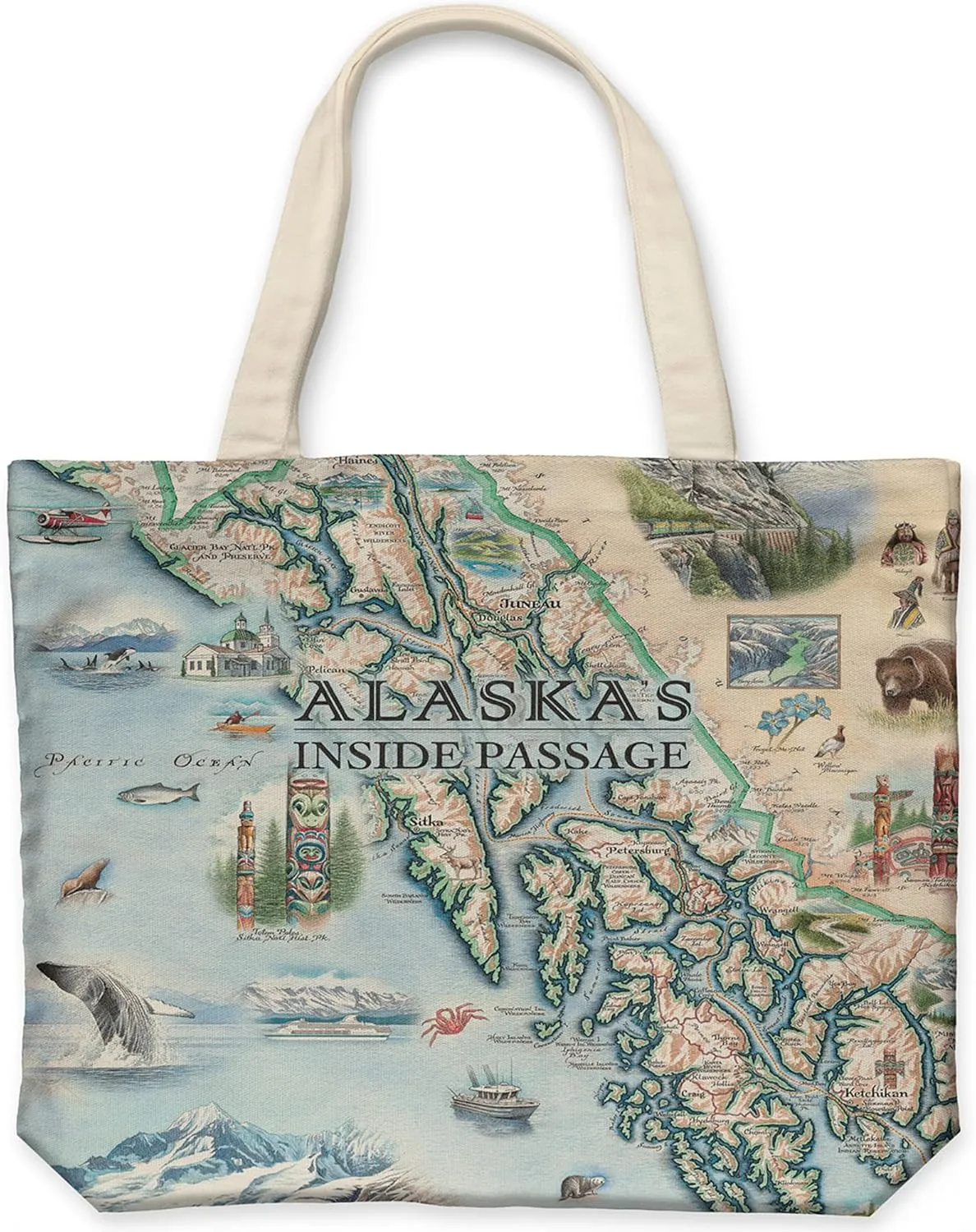 Inside Passage (Alaska) Map Canvas Tote Bag with Handles, Cloth Grocery Shopping Bag, Reusable & Eco-friendly Bag, 100% Cotton, Washable, 18 wide x 15 tall