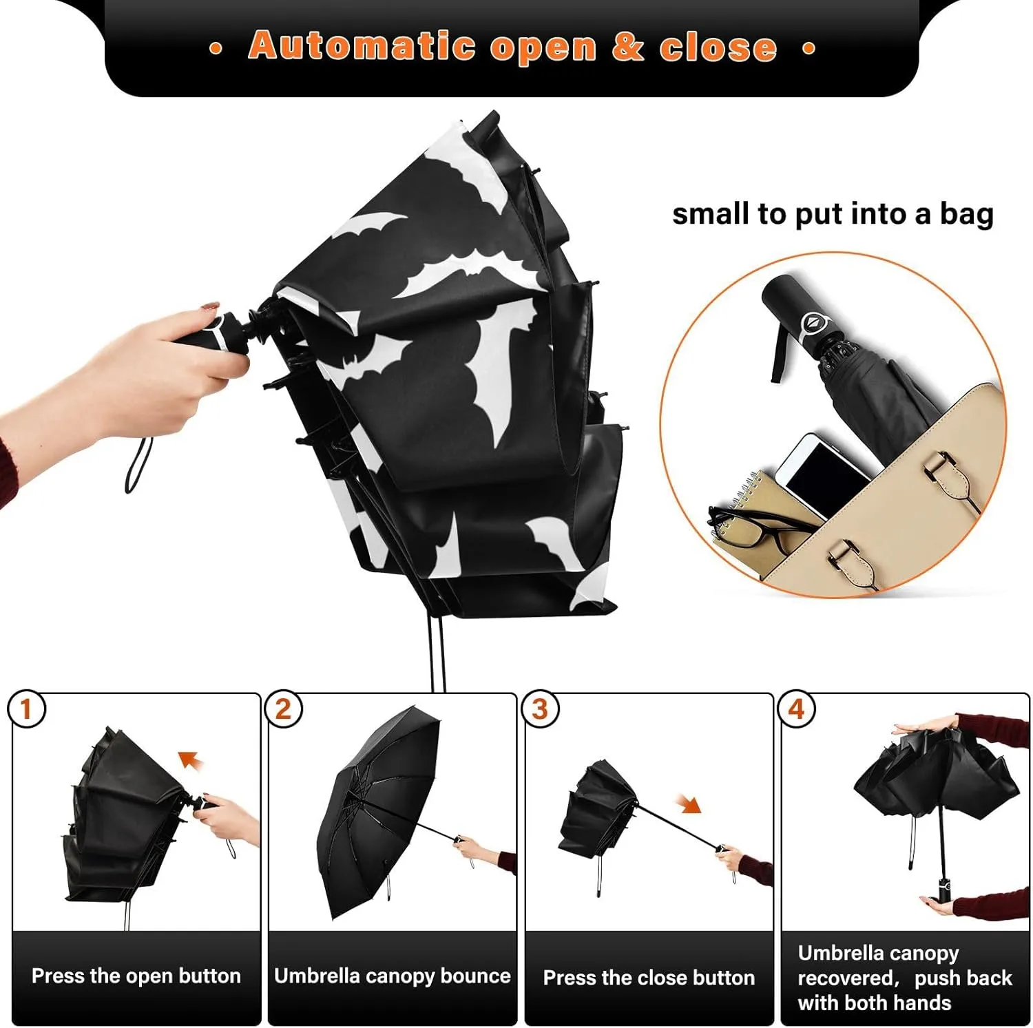 Inverted Umbrella, Windproof UV Protection Sun RainAutomatic Umbrella Compact Umbrella Reverse Umbrella for Women Men, Travel Folding Umbrella with Cover Bag