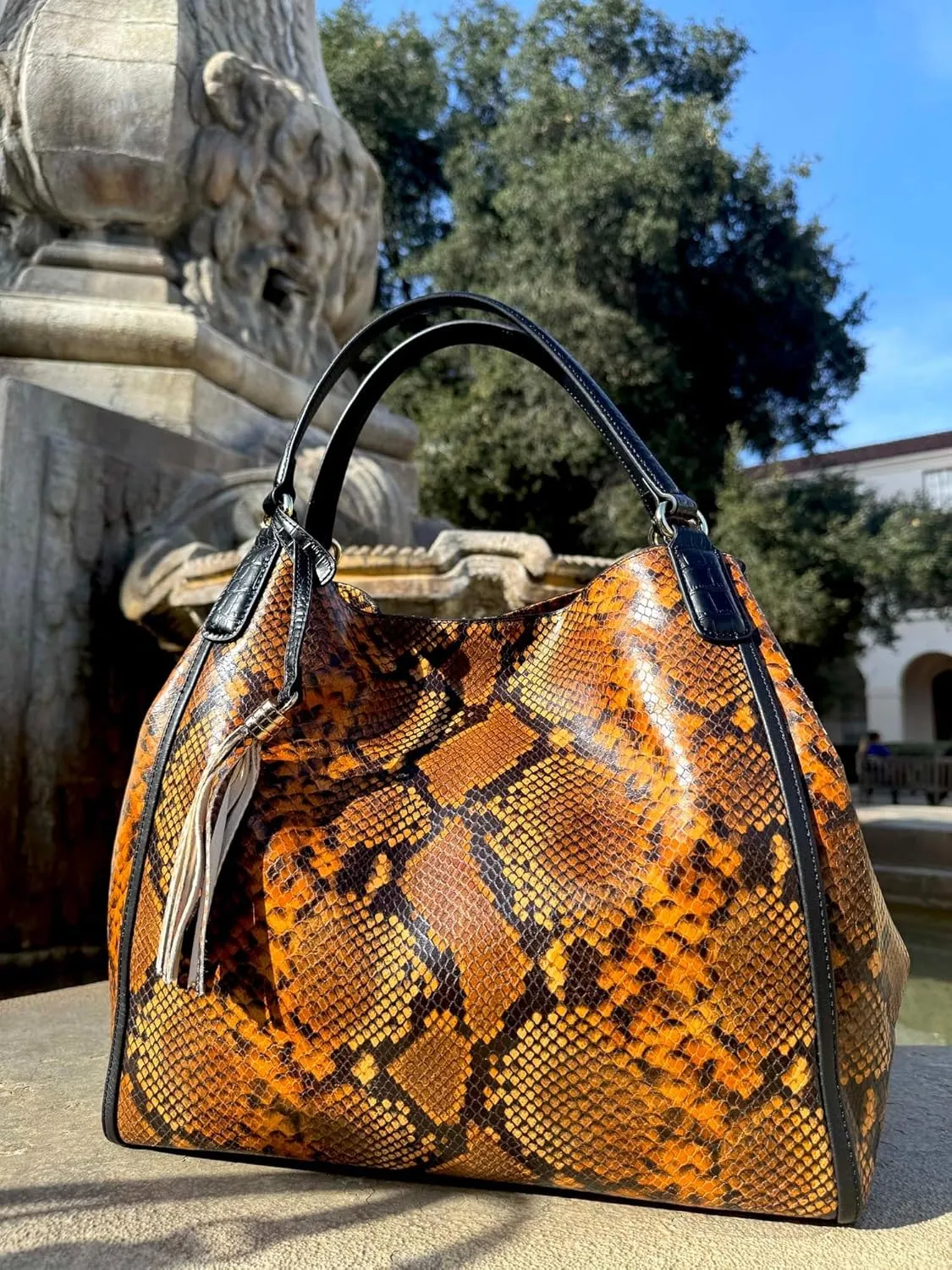 IVAN TROY Nila Italian Snake Print Leather Tote Bag | Italian Shopper Tote Bag for Women | Handbags for Women (Brown)