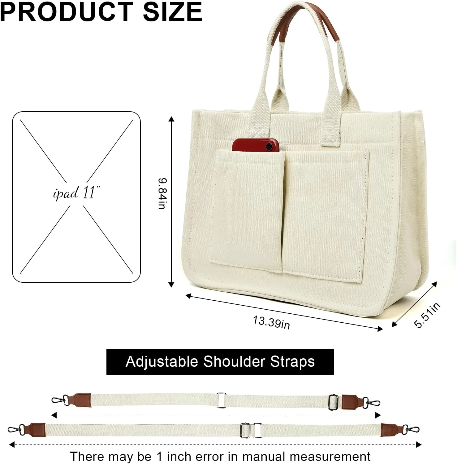 IwIeIaIrI Canvas Tote Bag for Women with Multi Pockets,Trendy Shoulder Handbag with Compartments for shopping,Work,Beach