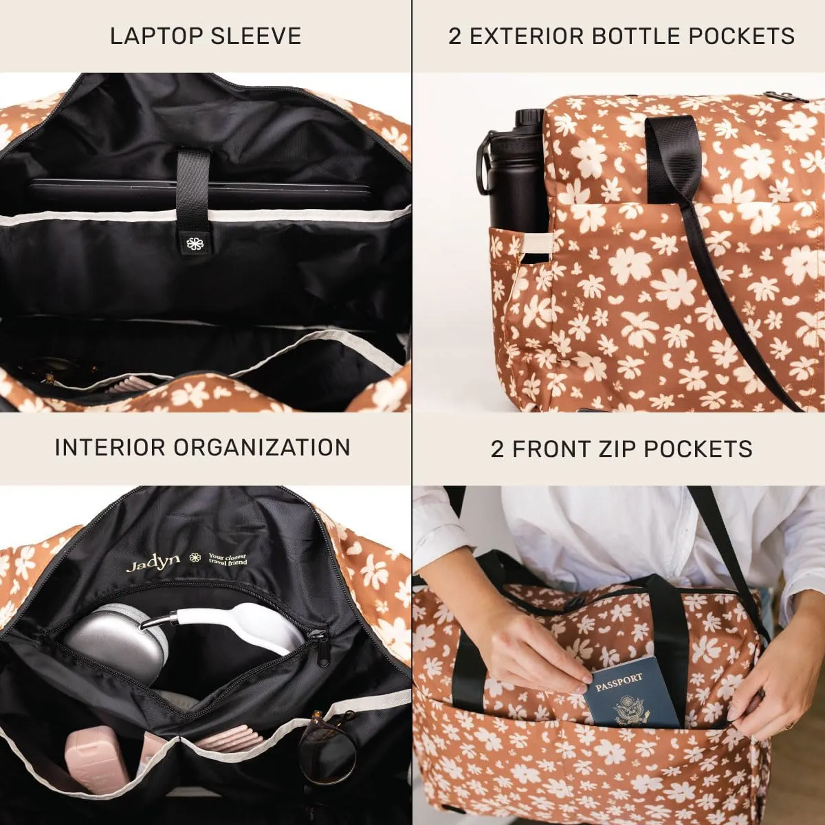 Jadyn Austin Carry-On Travel Duffel Bag for Women, 18” Weekender Bag with Laptop Sleeve, Durable Material, and Trolley Sleeve, Ideal for Work, Gym, and Overnight Trips (Terracotta Blossom)