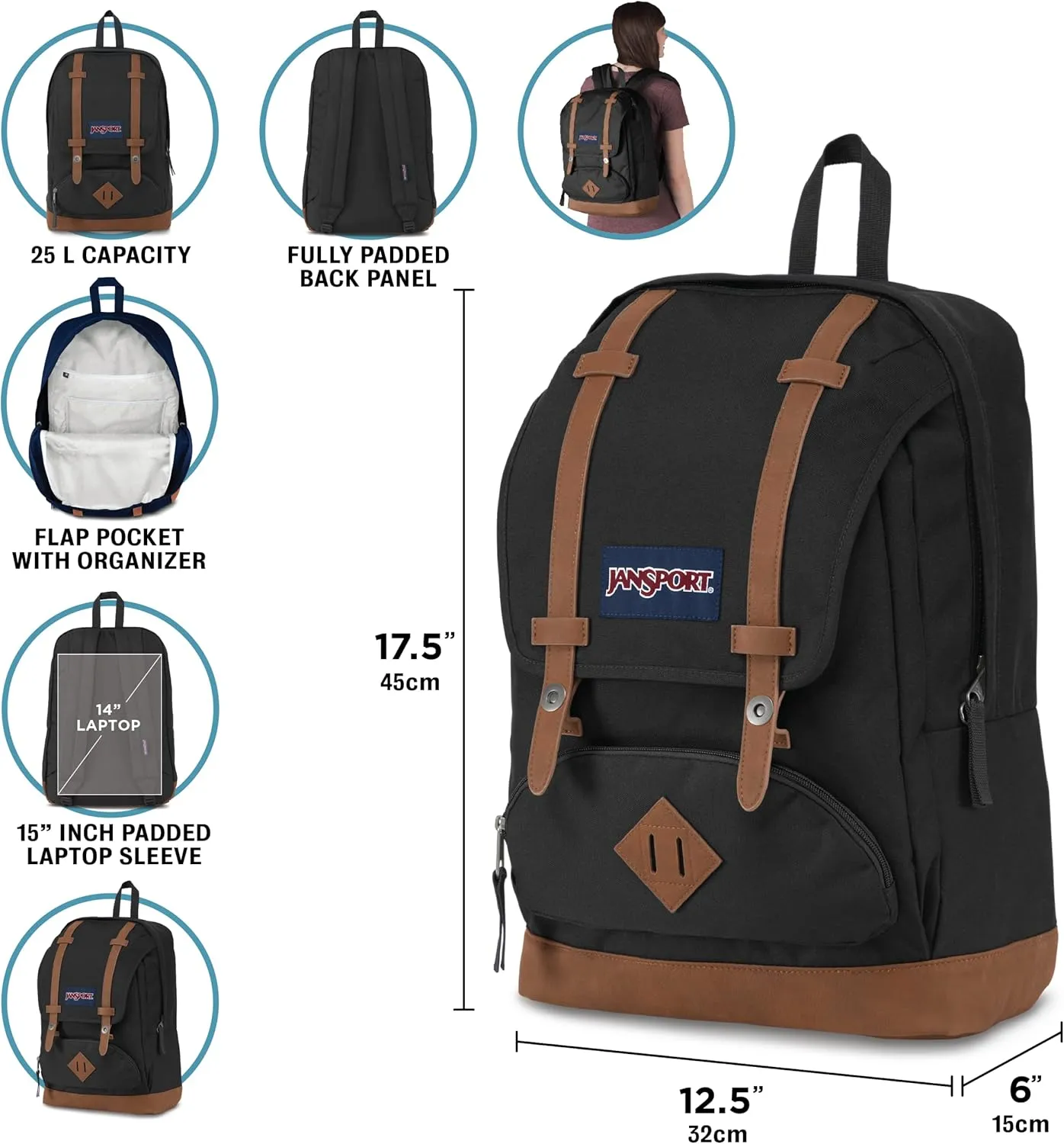 JanSport Cortlandt Laptop Backpack, Deep Juniper, 15” Laptop Sleeve-Synthetic Leather Shoulder Computer Bag with Large Compartment, Padded Straps- Rucksack for Men, Women