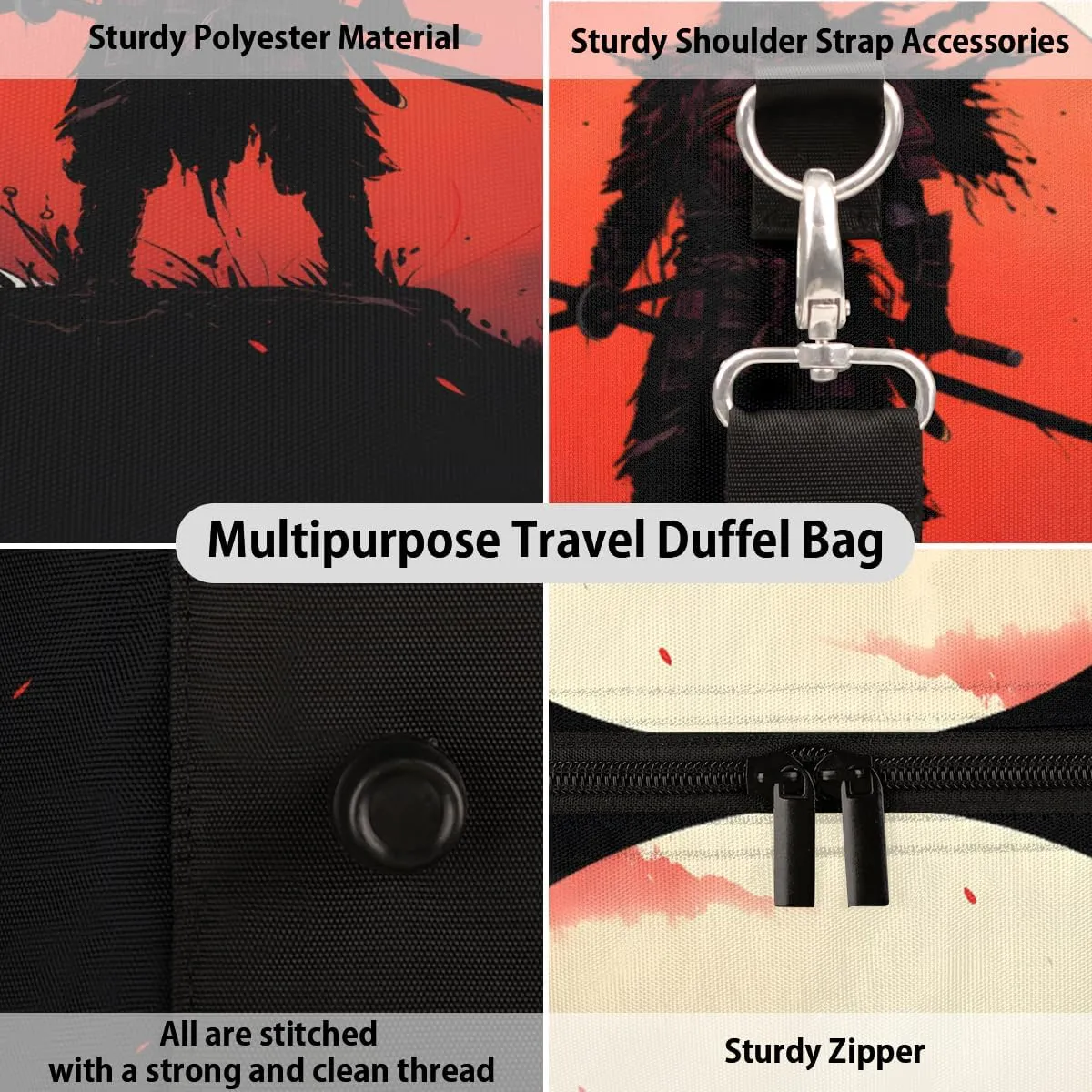 Japanese Samurai Travel Duffle Bag, Sports Gym Bags for Women Men, Carry On Weekender Overnight Bag, Japan Themed Workout Hospital Airplane Trips Bag