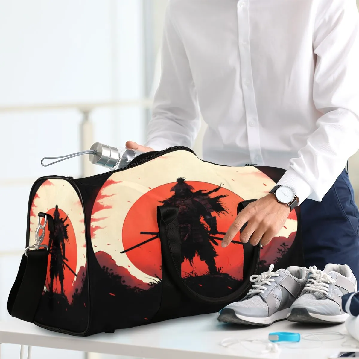 Japanese Samurai Travel Duffle Bag, Sports Gym Bags for Women Men, Carry On Weekender Overnight Bag, Japan Themed Workout Hospital Airplane Trips Bag