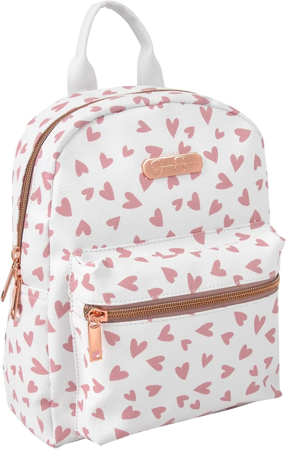 Jessica Simpson Mini Waterproof Vegan Leather Backpack for Women for Work, College, Recreation, Commuting & Traveling in White Hearts