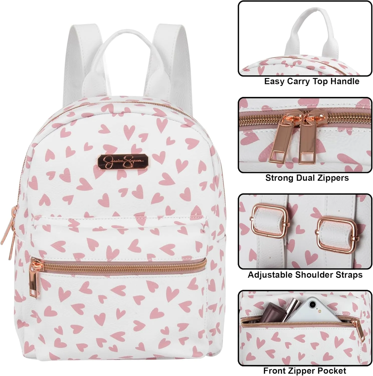Jessica Simpson Mini Waterproof Vegan Leather Backpack for Women for Work, College, Recreation, Commuting & Traveling in White Hearts