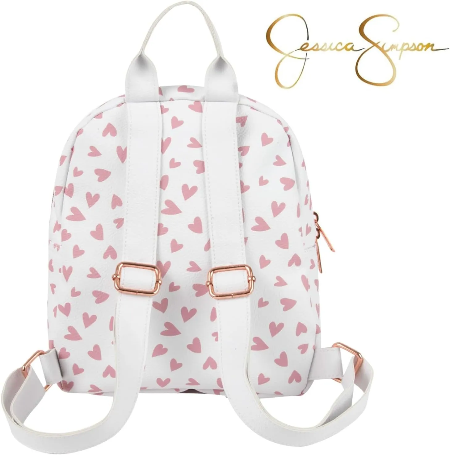 Jessica Simpson Mini Waterproof Vegan Leather Backpack for Women for Work, College, Recreation, Commuting & Traveling in White Hearts