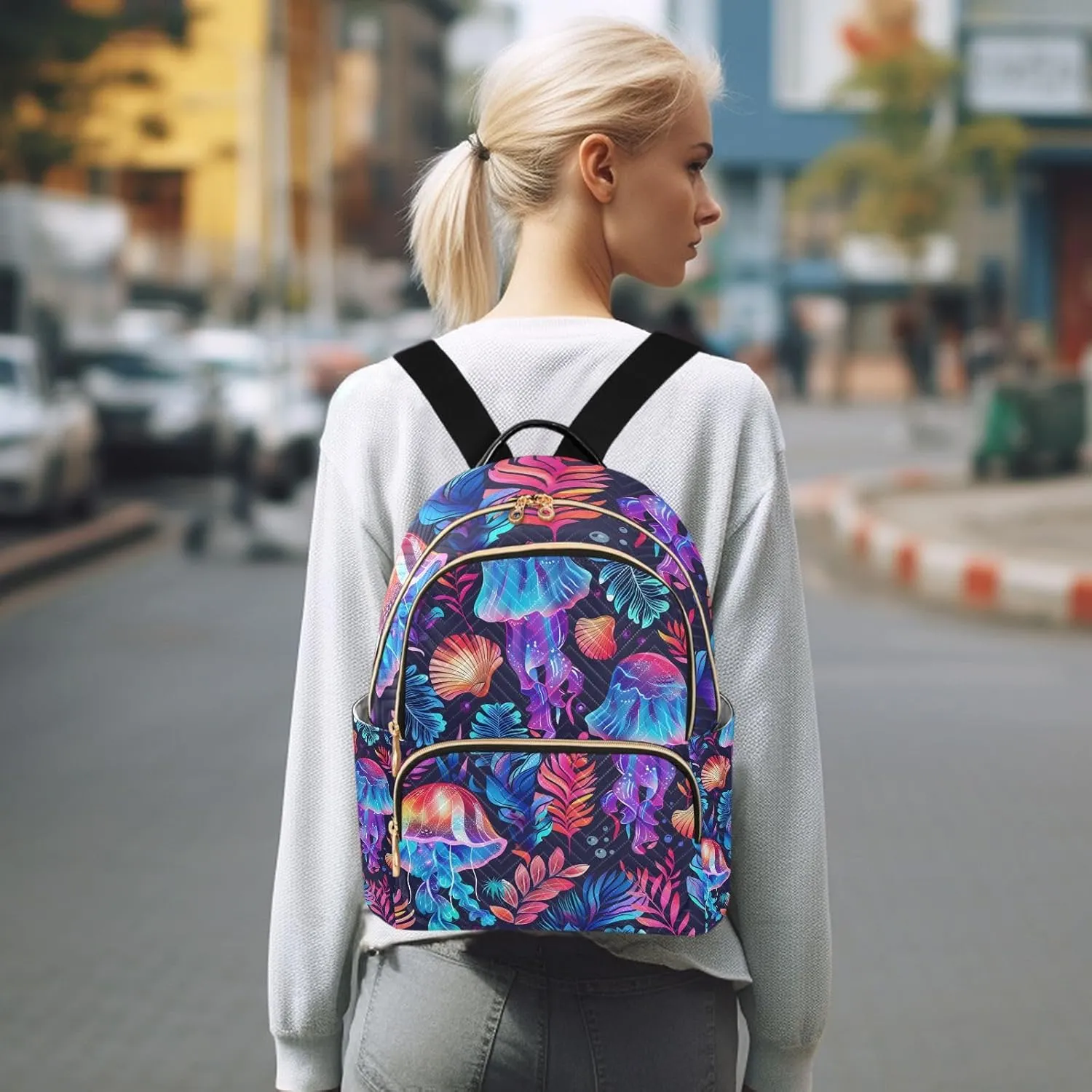 JIPONI Jellyfish and Seaweed Small Backpack for Women, Travel Purse Back Pack, Casual Daypack, Lightweight Bag-S