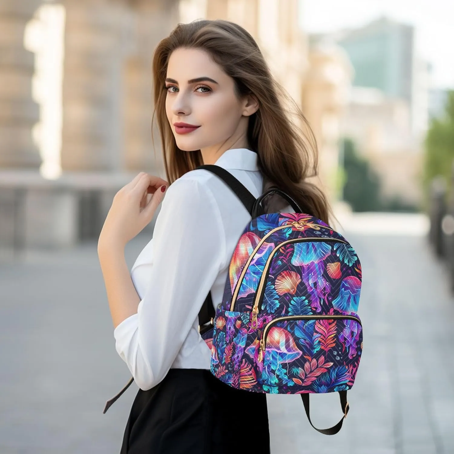 JIPONI Jellyfish and Seaweed Small Backpack for Women, Travel Purse Back Pack, Casual Daypack, Lightweight Bag-S