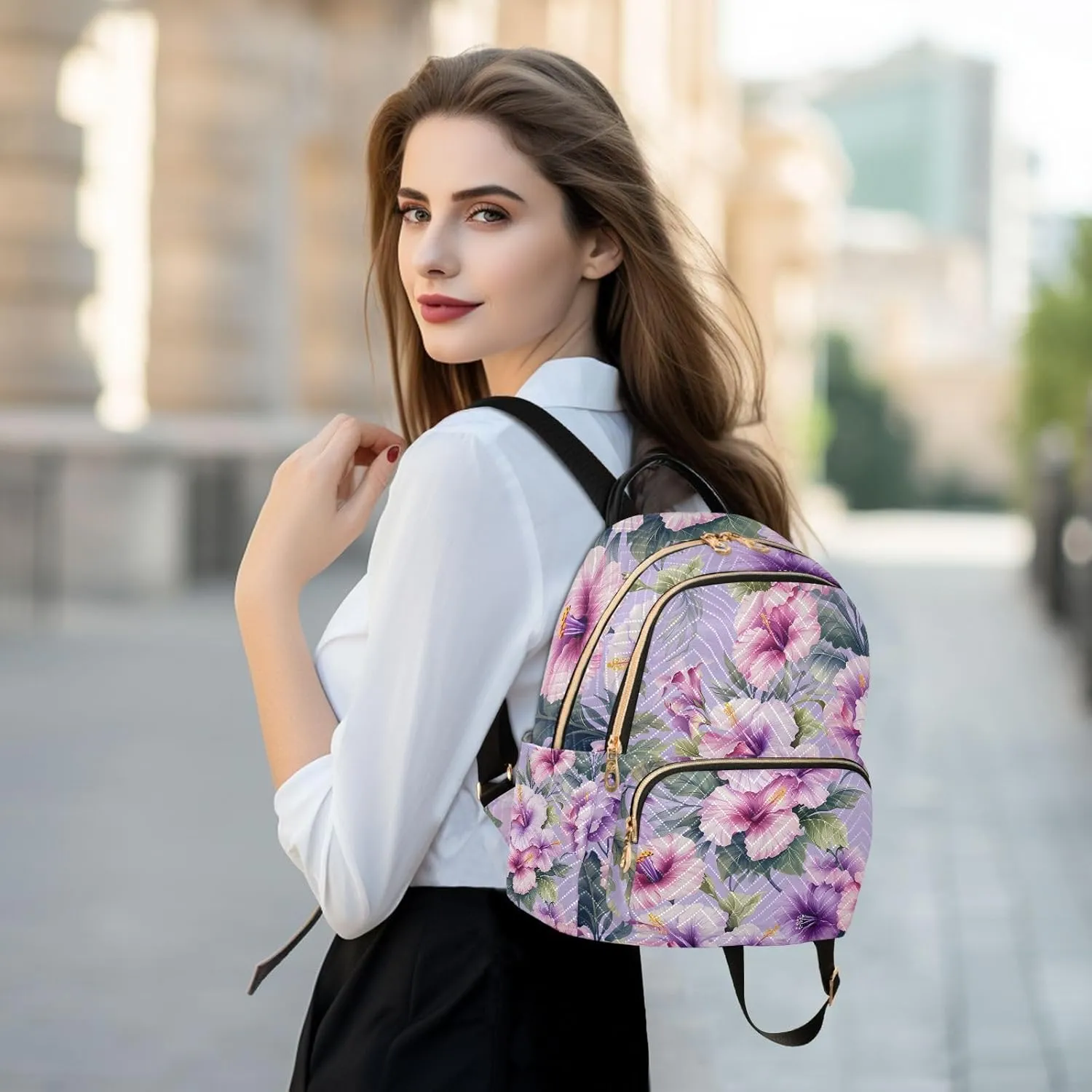 JIPONI Pink Purple Flower Backpack Purse for Women Lightweight Back Pack Casual Daypack Travel Shoulder Bag Bookbag - S