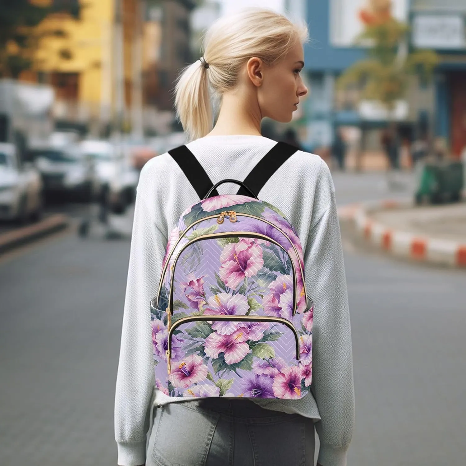 JIPONI Pink Purple Flower Backpack Purse for Women Lightweight Back Pack Casual Daypack Travel Shoulder Bag Bookbag - S