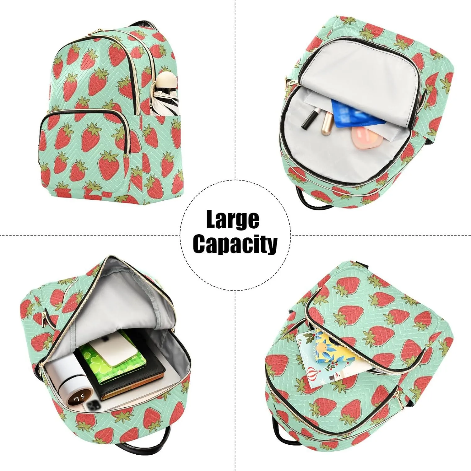 JIPONI Strawberry Cyan-blue Small Backpack for Women, Travel Purse Back Pack, Casual Daypack, Lightweight Bag-S