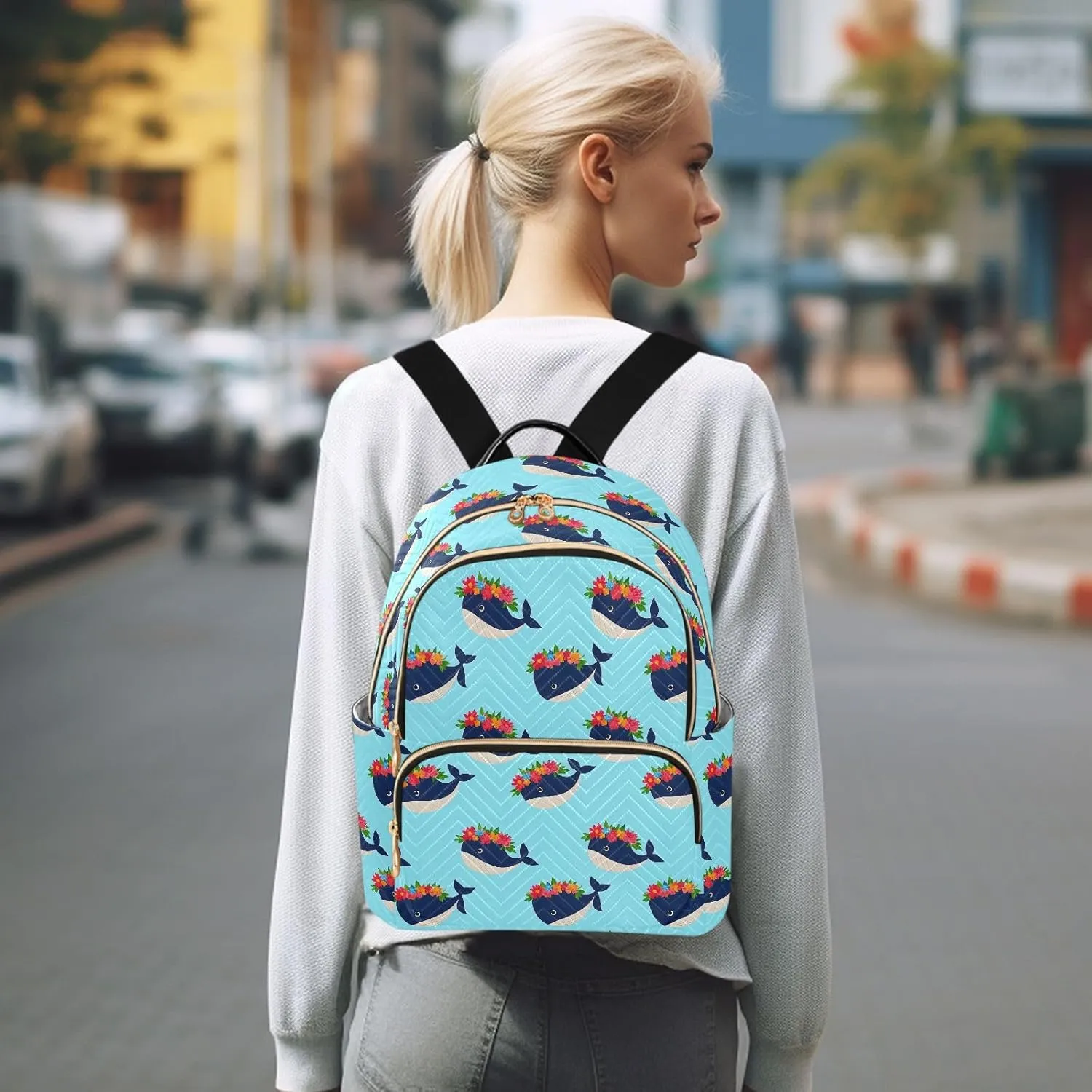JIPONI Whales Flower Garlands Small Backpack for Women, Travel Purse Back Pack, Casual Daypack, Lightweight Bag-S