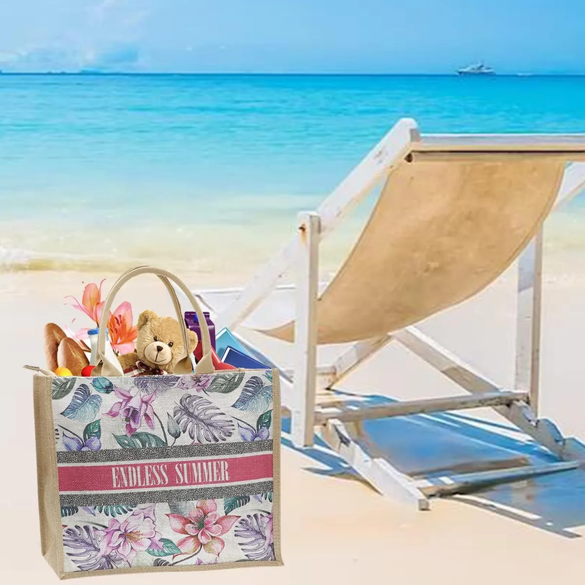 JNF Straw Beach Bag Jute Beach Tote Bags for Women Burlap Tote Bag with Zipper Reusable Grocery Shopping Bag with Handle