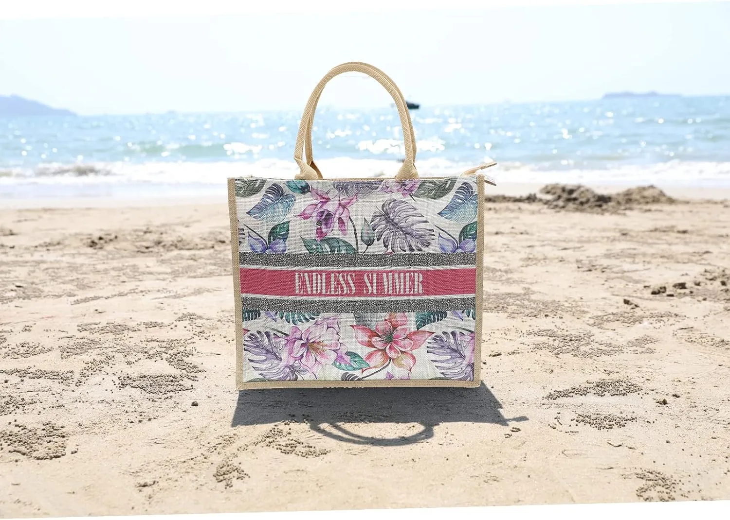 JNF Straw Beach Bag Jute Beach Tote Bags for Women Burlap Tote Bag with Zipper Reusable Grocery Shopping Bag with Handle