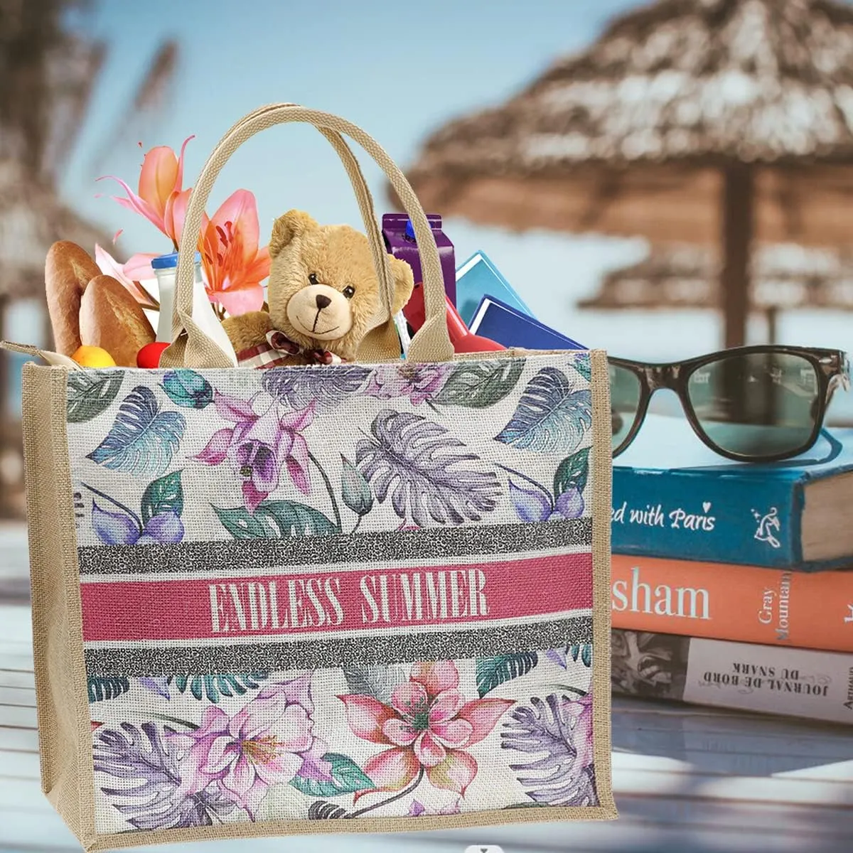 JNF Straw Beach Bag Jute Beach Tote Bags for Women Burlap Tote Bag with Zipper Reusable Grocery Shopping Bag with Handle