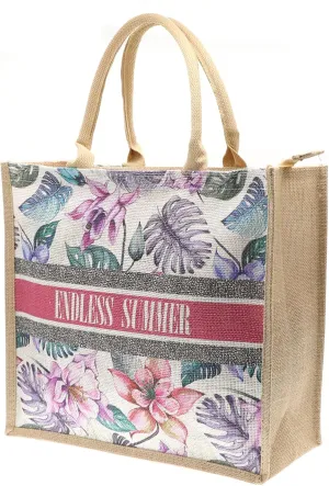 JNF Straw Beach Bag Jute Beach Tote Bags for Women Burlap Tote Bag with Zipper Reusable Grocery Shopping Bag with Handle