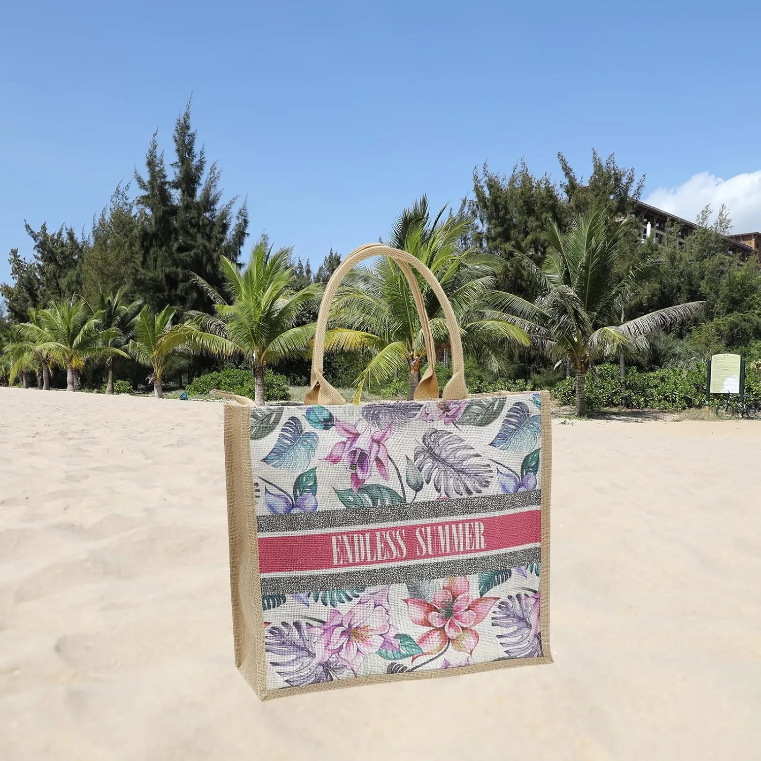 JNF Straw Beach Bag Jute Beach Tote Bags for Women Burlap Tote Bag with Zipper Reusable Grocery Shopping Bag with Handle