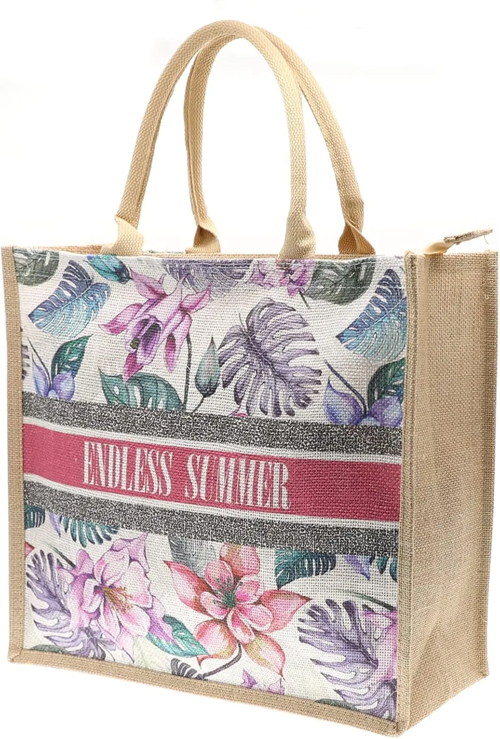 JNF Straw Beach Bag Jute Beach Tote Bags for Women Burlap Tote Bag with Zipper Reusable Grocery Shopping Bag with Handle