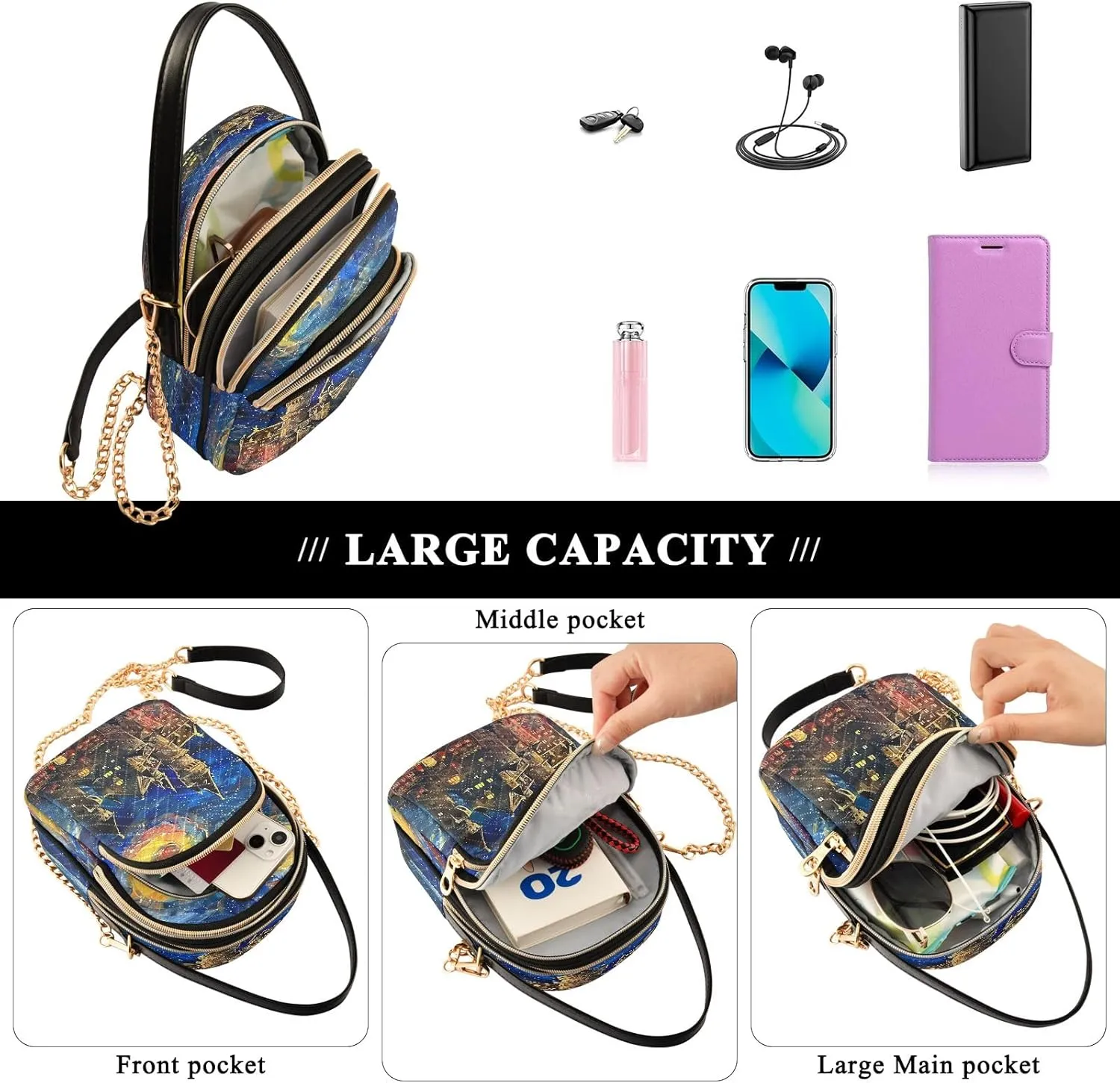 Joisal Rainbow Colored Tree Women Crossbody Bags Triple Zip Women's Shoulder Bag, Womans Purses