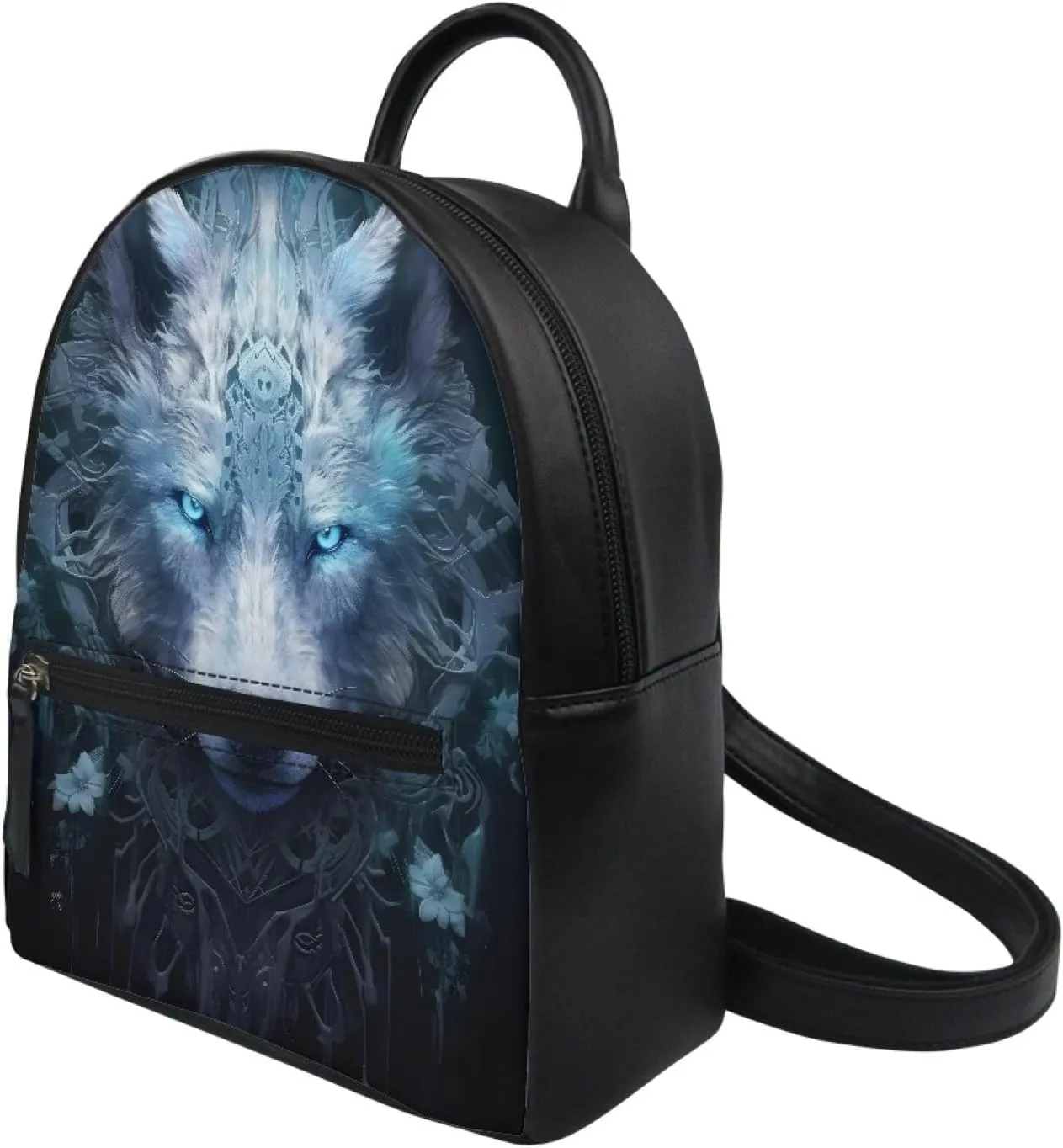 JooMeryer Galaxy Wolf Mini Backpacks for Teen Kids Boys pu Leather Casual Daypack Shoulder Bags for College Students,Blue Eye Cool Wolf