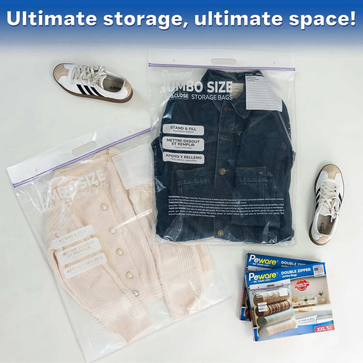 Jumbo Plastic Storage Bags, Extra Large 10Gallon Resealable Zipper Lock Seal Bags for Bedding, Clothes, Travel, and Food, Moving Totes, 20"x26", 15 Pack