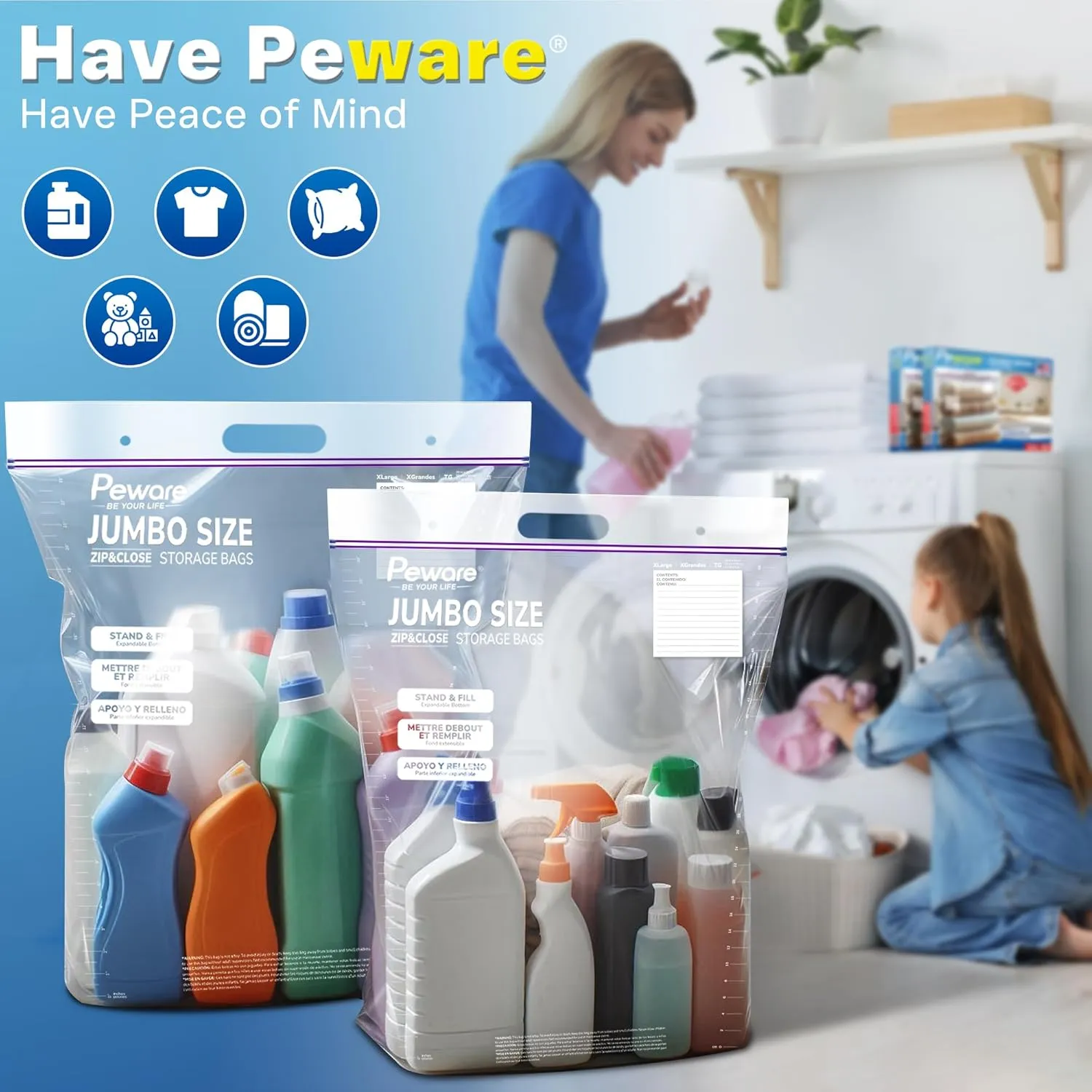 Jumbo Plastic Storage Bags, Extra Large 10Gallon Resealable Zipper Lock Seal Bags for Bedding, Clothes, Travel, and Food, Moving Totes, 20"x26", 15 Pack