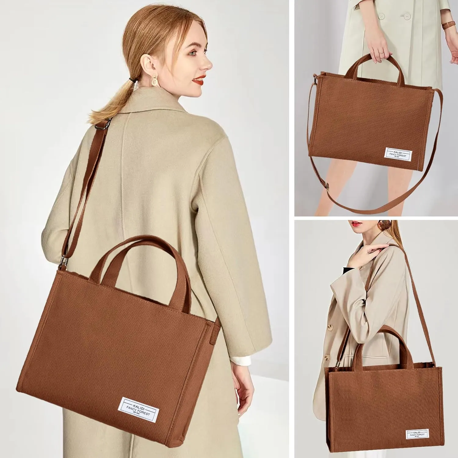 KALIDI Tote Bag for Women Corduroy Crossbody Bag Casual Zipper Tote Fashion Shoulder Handbag Hobo bag with Pockets
