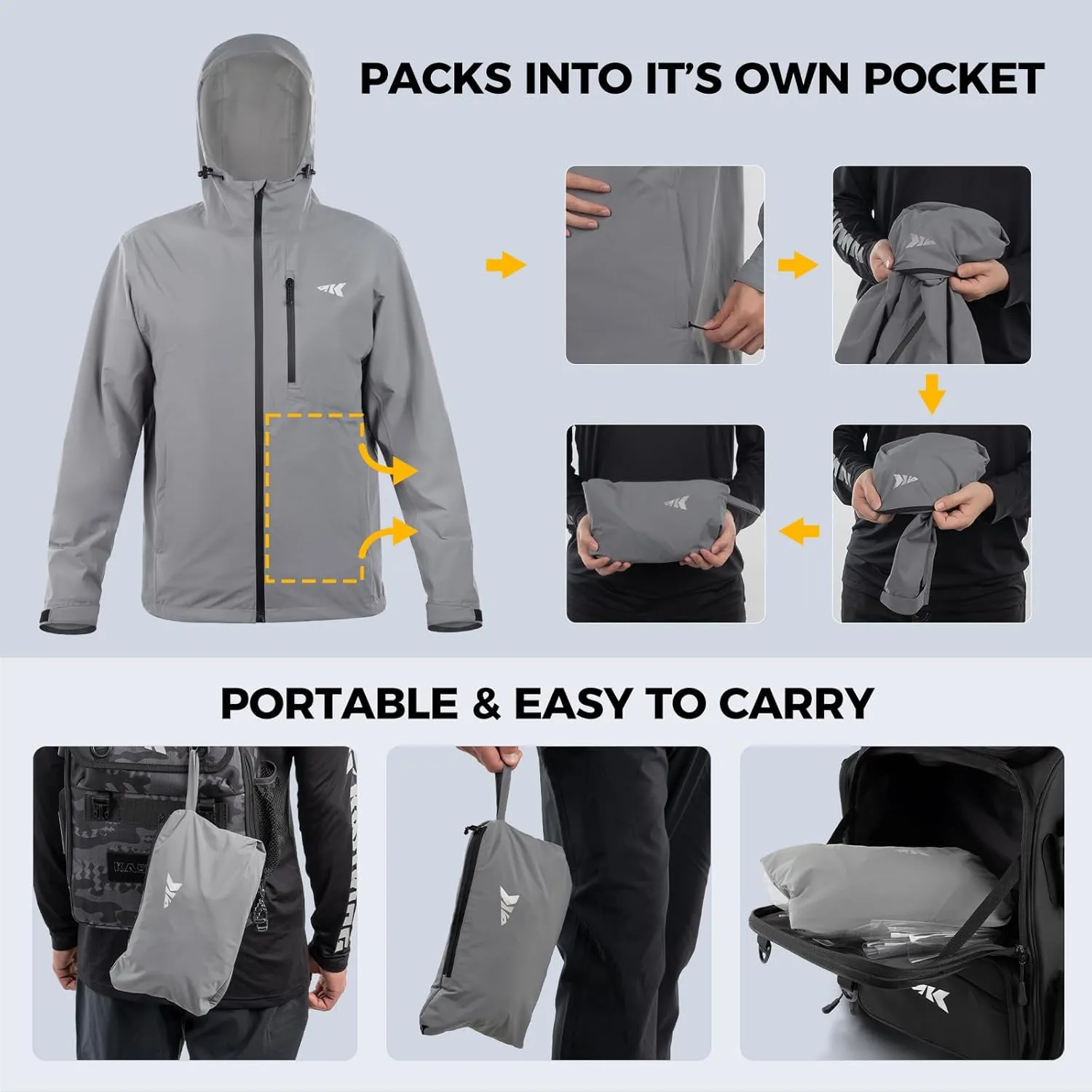 KastKing HydroArmor Lightweight Rain Jacket, 2.5-Layer Waterproof Fishing Hiking Rain Suit for Men, Packable Rain Gear