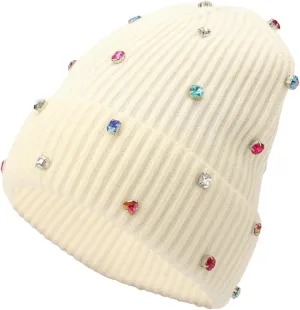 kate spade new york Women's Embellished Beanie, Winter Knit Hat, Wool Blend, Cream Multi, OS