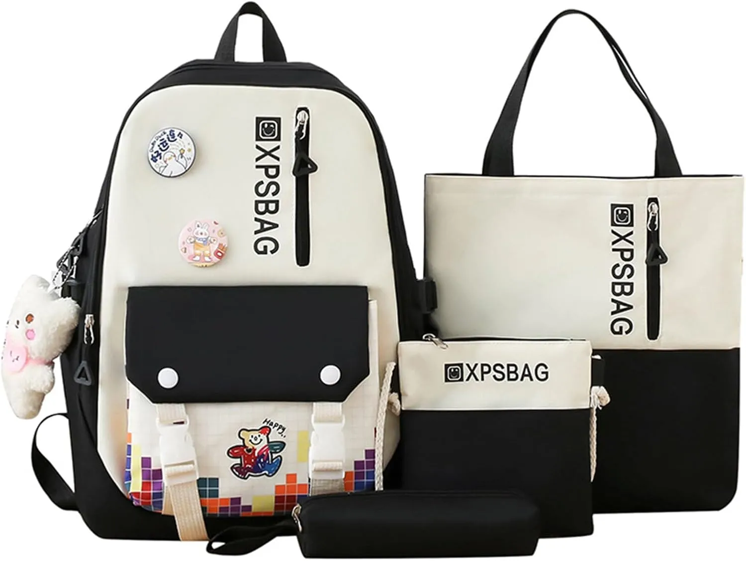 Kawaii 4PCS Backpack Set for Girls with Cute Bear Accessories - School Bookbag, Shoulder Bag, Handbag, Pen Pouch & More Student Back to School Supplies (24A02, Black)