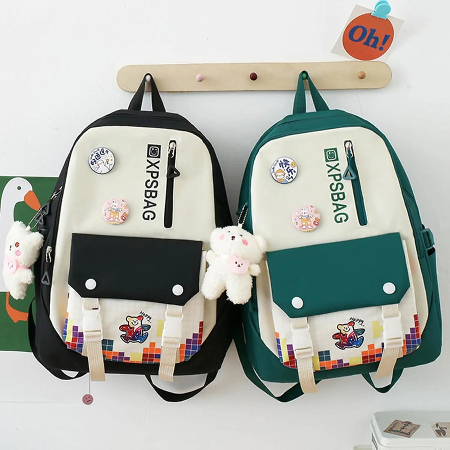 Kawaii 4PCS Backpack Set for Girls with Cute Bear Accessories - School Bookbag, Shoulder Bag, Handbag, Pen Pouch & More Student Back to School Supplies (24A02, Black)