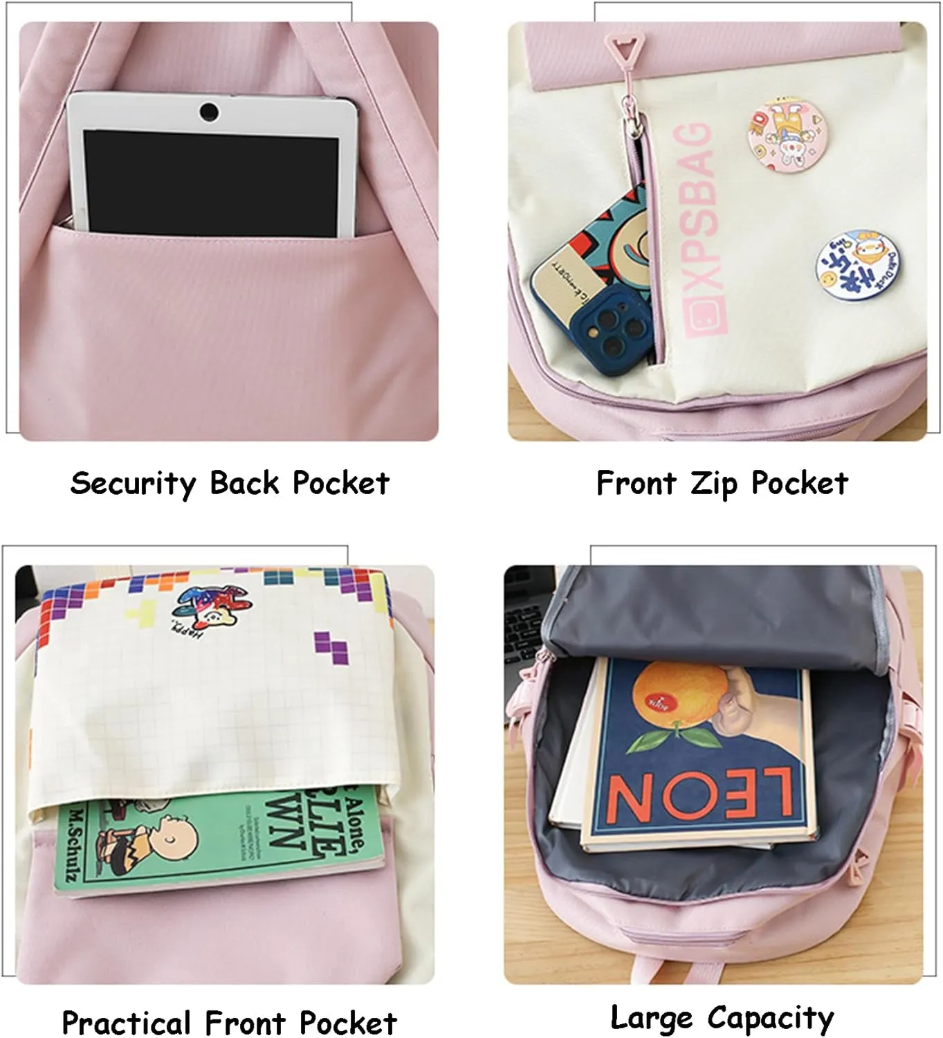 Kawaii 4PCS Backpack Set for Girls with Cute Bear Accessories - School Bookbag, Shoulder Bag, Handbag, Pen Pouch & More Student Back to School Supplies (24A02, Black)