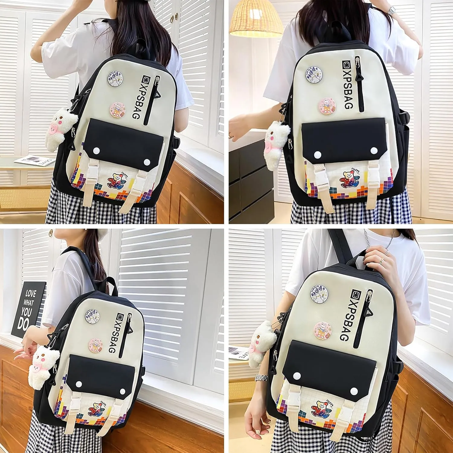 Kawaii 4PCS Backpack Set for Girls with Cute Bear Accessories - School Bookbag, Shoulder Bag, Handbag, Pen Pouch & More Student Back to School Supplies (24A02, Black)