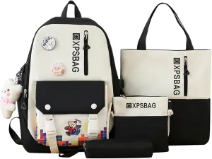 Kawaii 4PCS Backpack Set for Girls with Cute Bear Accessories - School Bookbag, Shoulder Bag, Handbag, Pen Pouch & More Student Back to School Supplies (24A02, Black)